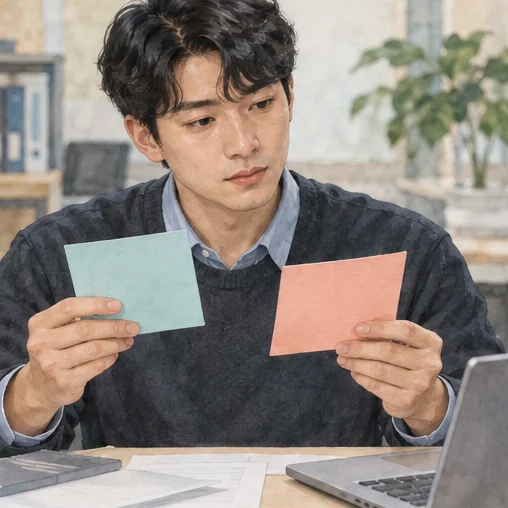 서로 다른 안내 카드의 내용을 비교하는 장면. (AI 설명용 삽화)