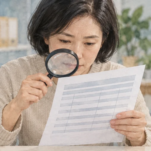 가격표의 세부 항목을 자세히 읽는 장면. (AI 설명용 삽화)