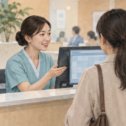 접수 직원에게 접종 가능 여부를 묻는 장면. (AI 설명용 삽화)