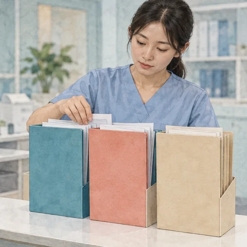 접종과 검사 등 서로 다른 자료를 나누는 장면. (AI 설명용 삽화)