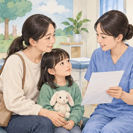 어린이의 접종 기록을 함께 확인하는 장면. (AI 설명용 삽화)