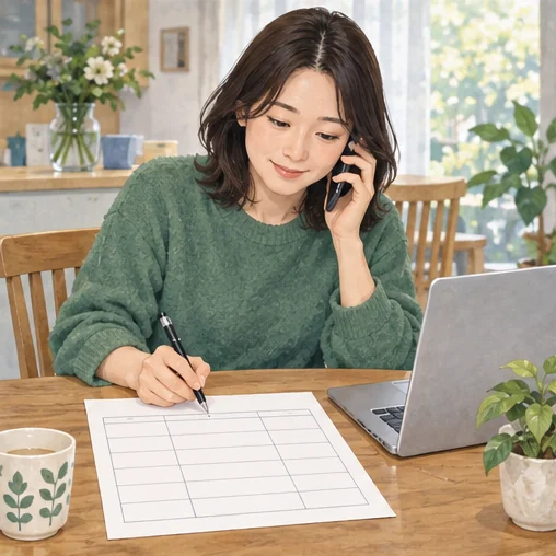 전화로 확인한 내용을 비교표에 적는 장면. (AI 설명용 삽화)