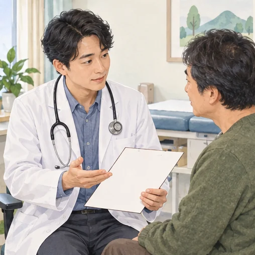 현재 건강 상태에 관해 상담하는 장면. (AI 설명용 삽화)