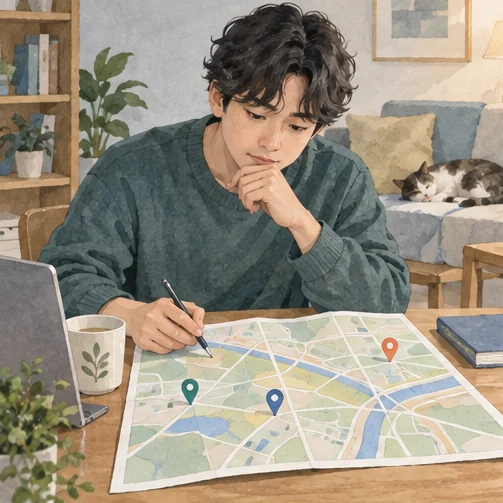 기관 위치와 이동 경로를 확인하는 장면. (AI 설명용 삽화)