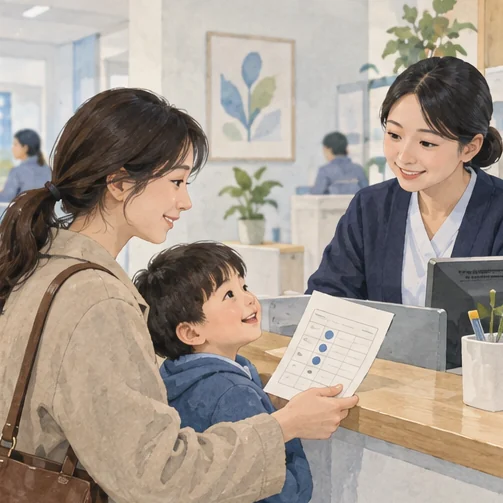 접종 기록을 접수 창구에 제시하는 장면. (AI 설명용 삽화)