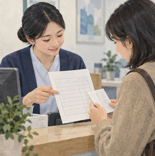 안내된 비용과 영수증 항목을 살피는 장면. (AI 설명용 삽화)