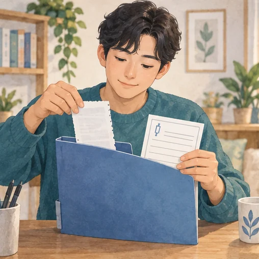 영수증과 접종 기록을 자료철에 보관하는 장면. (AI 설명용 삽화)
