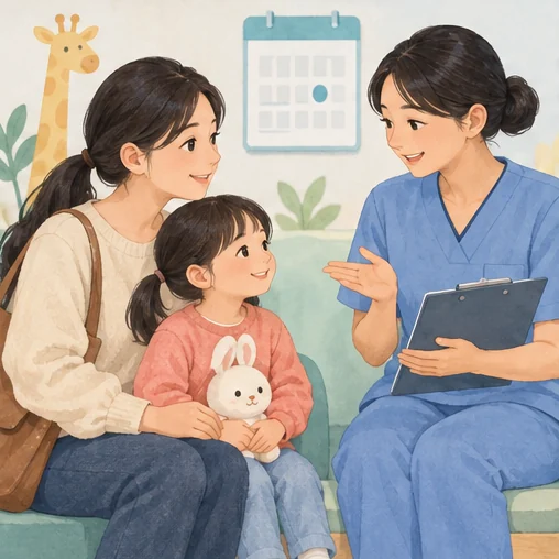 어린이의 다음 방문에 관해 의료진과 대화하는 장면. (AI 설명용 삽화)