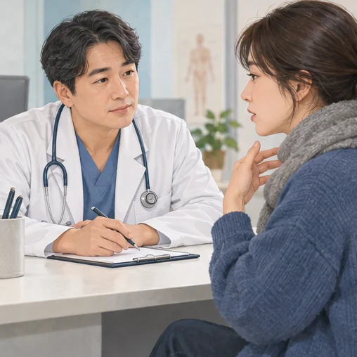최근 증상을 의료진에게 설명하는 상담 장면 (AI 설명용 삽화)