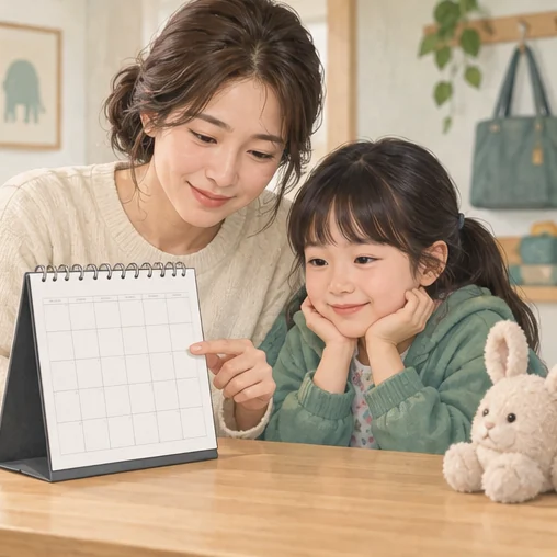 아이의 접종 일정을 함께 확인하는 보호자 (AI 설명용 삽화)