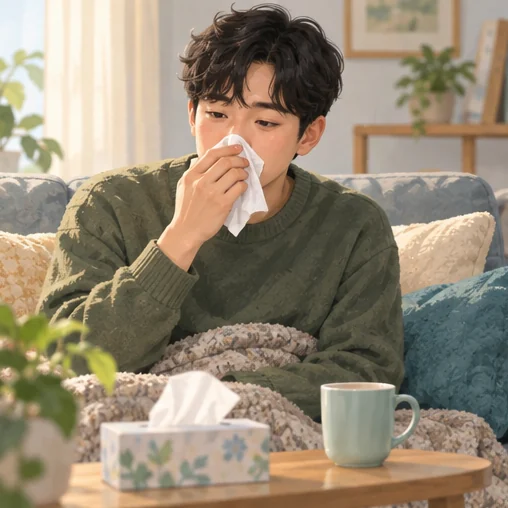 콧물이 날 때 상태를 살피는 모습을 표현한 장면 (AI 설명용 삽화)