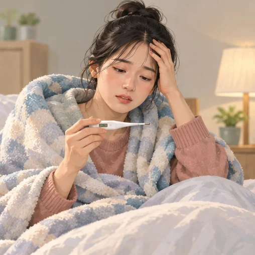 발열과 몸 상태를 확인하며 쉬는 모습 (AI 설명용 삽화)