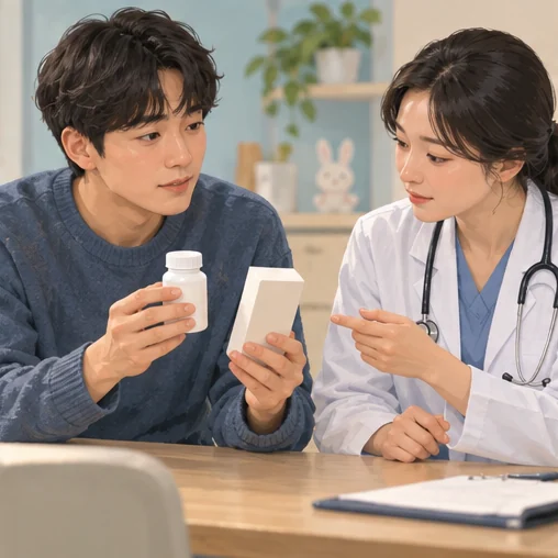 복용 중인 약 정보를 의료진에게 전달하는 모습 (AI 설명용 삽화)
