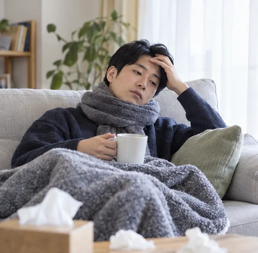 몸이 아픈 동안 집에서 쉬는 모습을 표현한 장면 (AI 설명용 삽화)