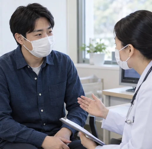 최근 질환을 의료진에게 설명하는 성인 (AI 설명용 삽화)