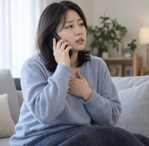 호흡 불편을 느끼며 도움을 문의하는 모습을 표현한 장면 (AI 설명용 삽화)
