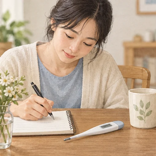 해열 시점과 몸 상태를 메모하는 보호자 (AI 설명용 삽화)