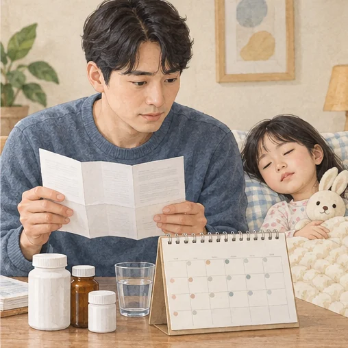 아이의 약 안내와 달력을 확인하는 보호자 (AI 설명용 삽화)