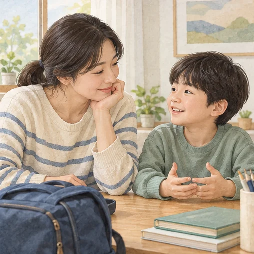 아이의 몸 상태와 다음 학교 일정을 상의하는 보호자 (AI 설명용 삽화)