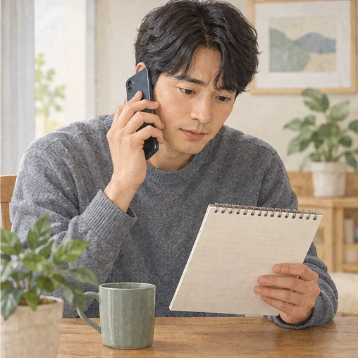 증상 기록을 보며 의료진에게 전화하는 모습 (AI 설명용 삽화)