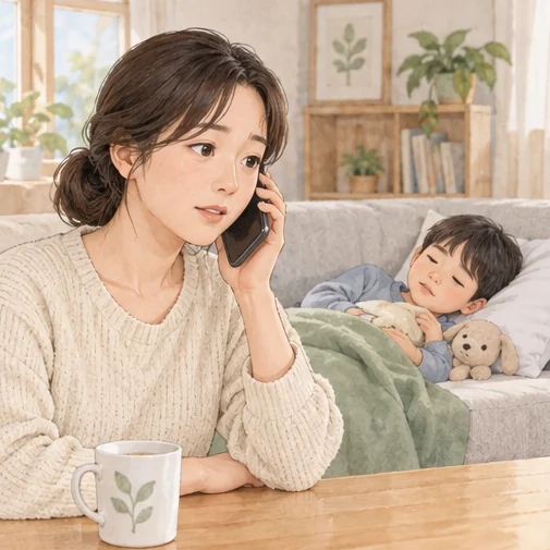 집에서 쉬는 아이의 상황을 교사에게 알리는 보호자 (AI 설명용 삽화)