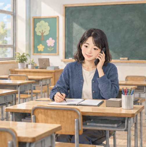 교실에서 보호자의 연락을 받는 교사 (AI 설명용 삽화)