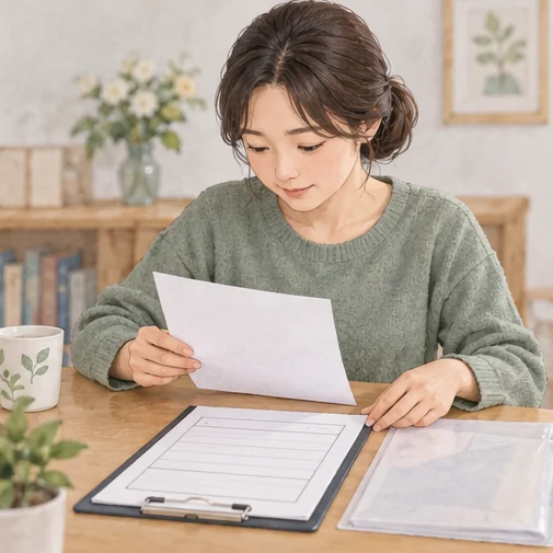 진료 자료와 결석 연락에 필요한 내용을 정리하는 보호자 (AI 설명용 삽화)