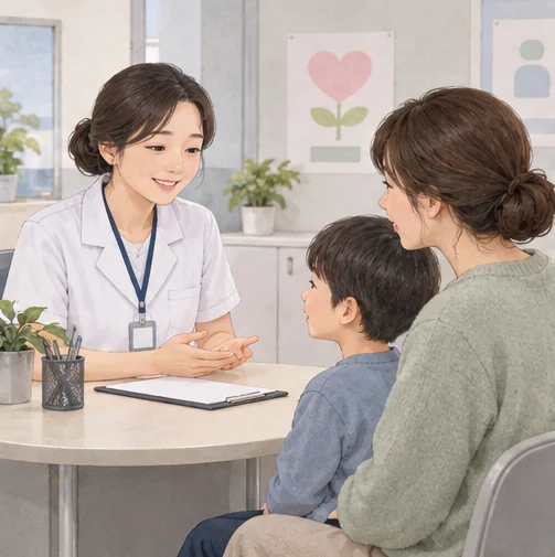 학교 보건 담당자와 복귀 준비를 상담하는 보호자와 아이 (AI 설명용 삽화)