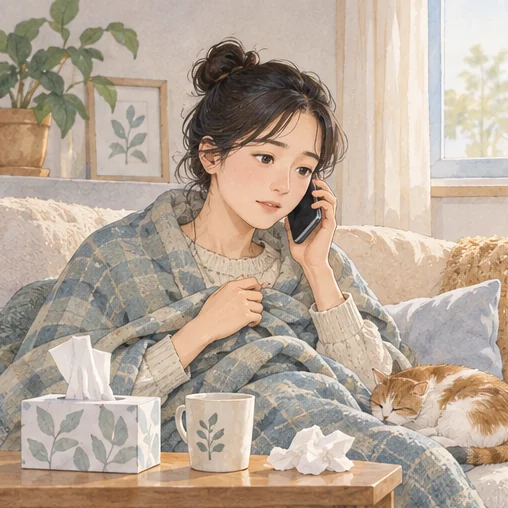 집에서 직장에 몸 상태를 알리는 직원 (AI 설명용 삽화)