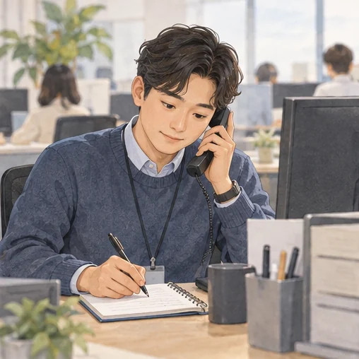 동료의 연락을 받고 필요한 내용을 메모하는 모습 (AI 설명용 삽화)
