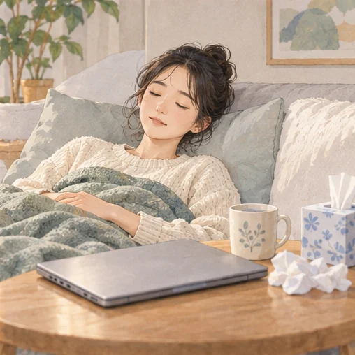 노트북을 닫고 집에서 쉬는 직원 (AI 설명용 삽화)