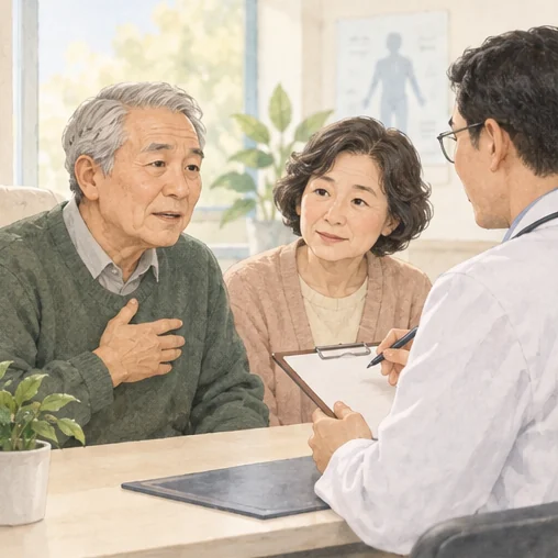 지속되는 증상을 의료진에게 설명하는 어르신과 가족 (AI 설명용 삽화)