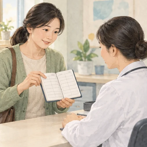 사용한 약과 실제 기록을 의료진에게 전달하는 보호자 (AI 설명용 삽화)