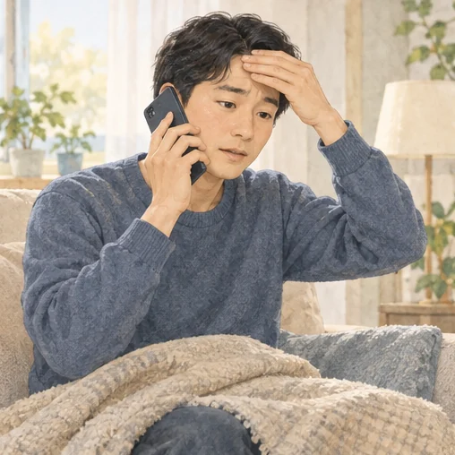 다시 불편해진 몸 상태로 의료기관에 연락하는 모습 (AI 설명용 삽화)