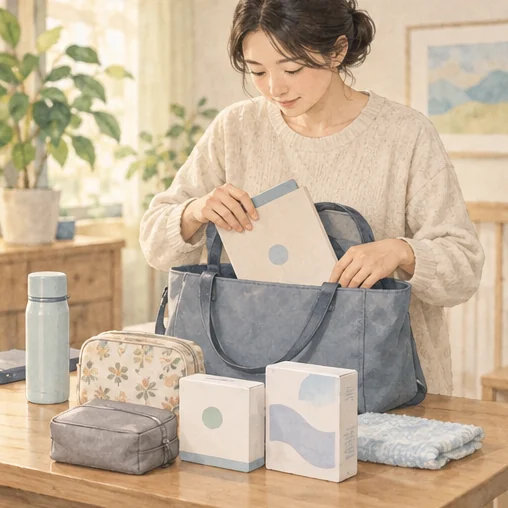 필요한 진료를 위해 기록과 약 포장을 챙기는 보호자 (AI 설명용 삽화)
