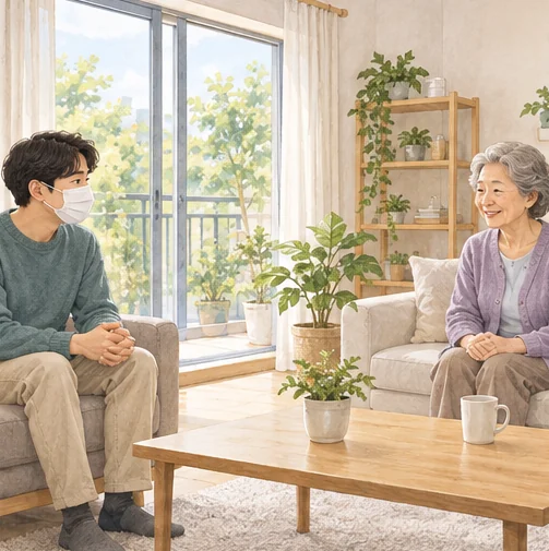 환기되는 집에서 어르신과 거리를 두고 대화하는 모습 (AI 설명용 삽화)
