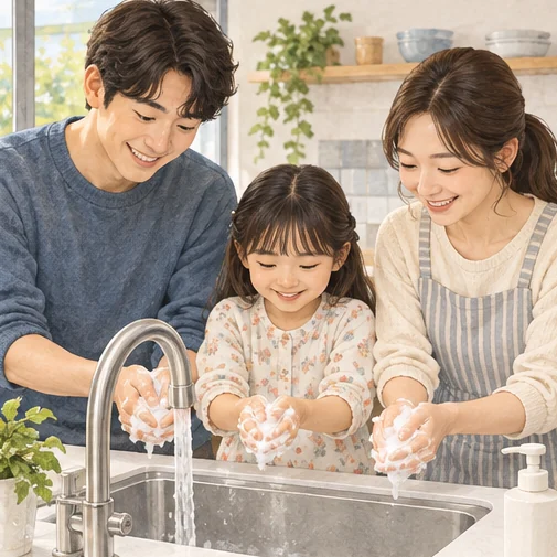 가족이 함께 비누로 손을 씻는 모습 (AI 설명용 삽화)