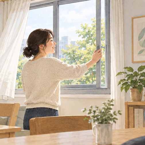 함께 사용하는 방의 창문을 열어 환기하는 모습 (AI 설명용 삽화)