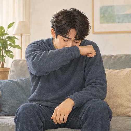 옷소매로 입과 코를 가리며 기침하는 모습 (AI 설명용 삽화)