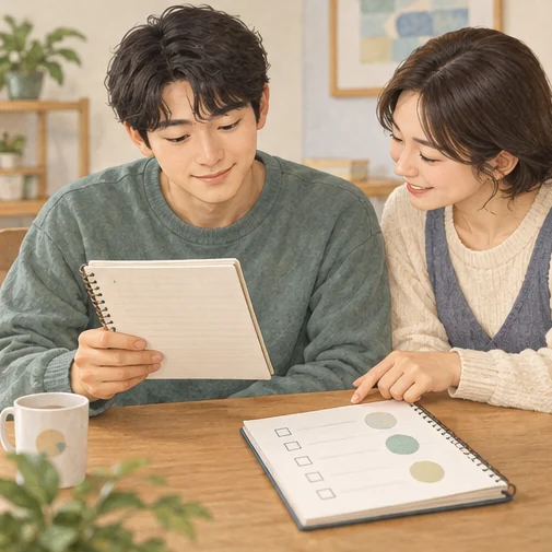 회복 기록과 학교·직장 연락 항목을 함께 확인하는 가족 (AI 설명용 삽화)