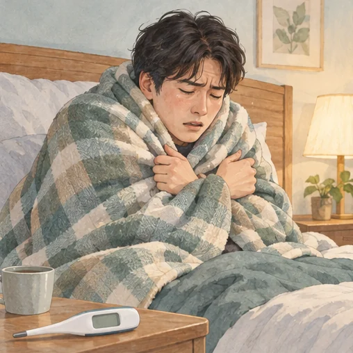 오한으로 담요를 두른 모습은 독감에서 나타날 수 있는 불편을 설명합니다. (AI 설명용 삽화)