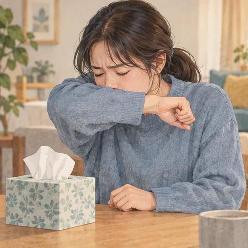 기침이 날 때는 옷소매로 입과 코를 가립니다. (AI 설명용 삽화)