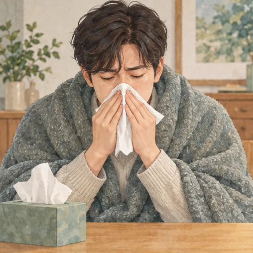 콧물 같은 호흡기 증상도 다른 변화와 함께 확인합니다. (AI 설명용 삽화)