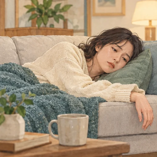 평소보다 심한 피로로 쉬는 모습을 표현한 삽화입니다. (AI 설명용 삽화)