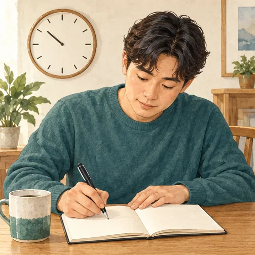증상이 시작된 시간을 짧게 기록하는 예시입니다. (AI 설명용 삽화)