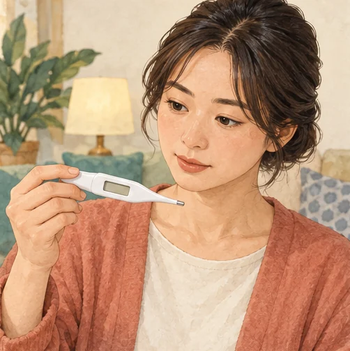 체온을 측정한 시간과 결과를 함께 메모합니다. (AI 설명용 삽화)