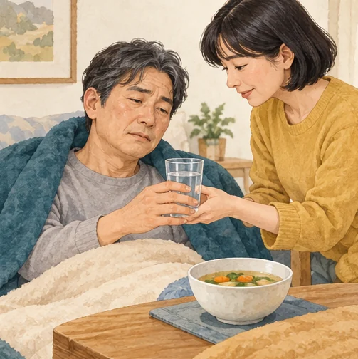 물을 마실 수 있는지와 섭취 상태를 살펴봅니다. (AI 설명용 삽화)