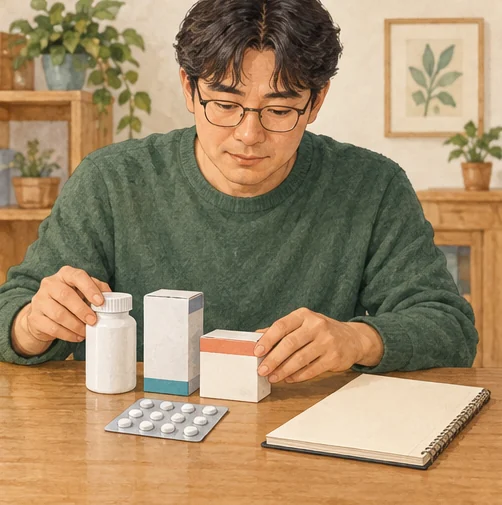 사용한 약 정보를 준비하면 진료 때 설명하기 편합니다. (AI 설명용 삽화)