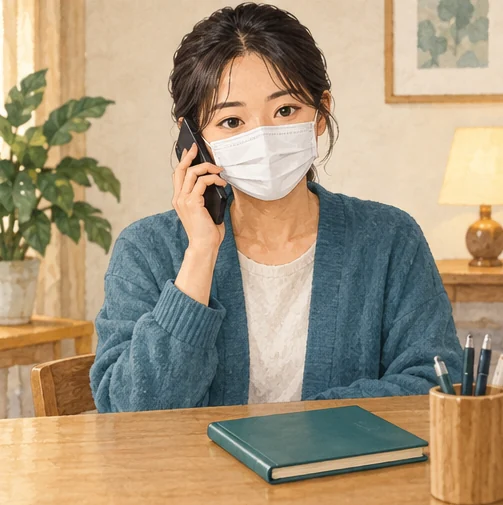 기관에 전화로 증상과 진료 가능 시간을 문의합니다. (AI 설명용 삽화)