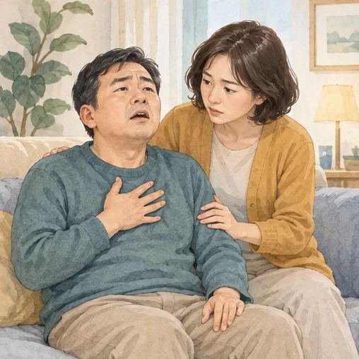 숨쉬기 힘들어하는 사람의 상태를 살피는 설명용 장면입니다. (AI 설명용 삽화)